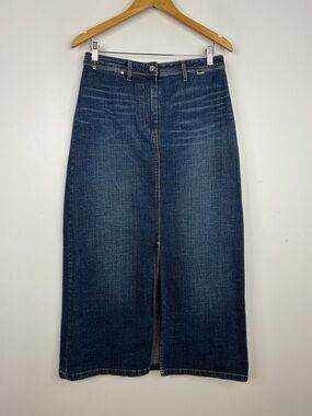 Escada Sport Jean Skirt Womens 40 Medium Dark Blue Jean Midi Slit Leather Logo